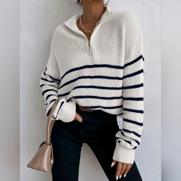 NEW Chic Zip Striped Oversized Knit Pullover Sweater Top White Black - Picture 4 of 8